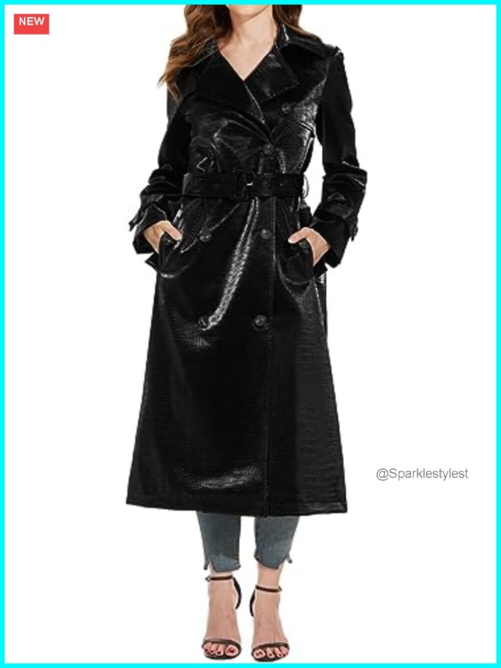 Faux Leather Trench Coat Belted Double Breasted Moto Biker Jacket